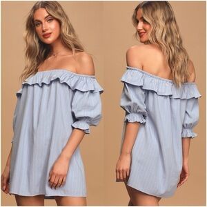 LULU’S Seeing You Smile Light Blue Striped Off The Shoulder Shift Dress